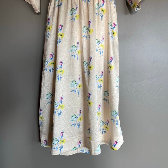 GANNI Floral Crinkle Wrap Dress In Yellow Size Medium Pink Blue Chic Sexy Wrap - Picture 16 of 16